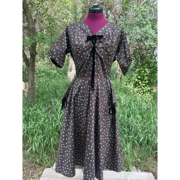 Vintage 1940s Brown Polished Cotton Floral Dress Art Deco - Picture 3 of 16